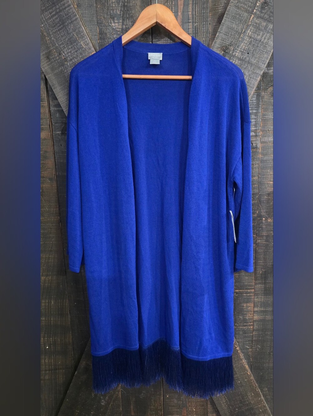 Chicos Large Open-Front Royal Blue Fringe Hem Women's Sweater Cardigan NWT